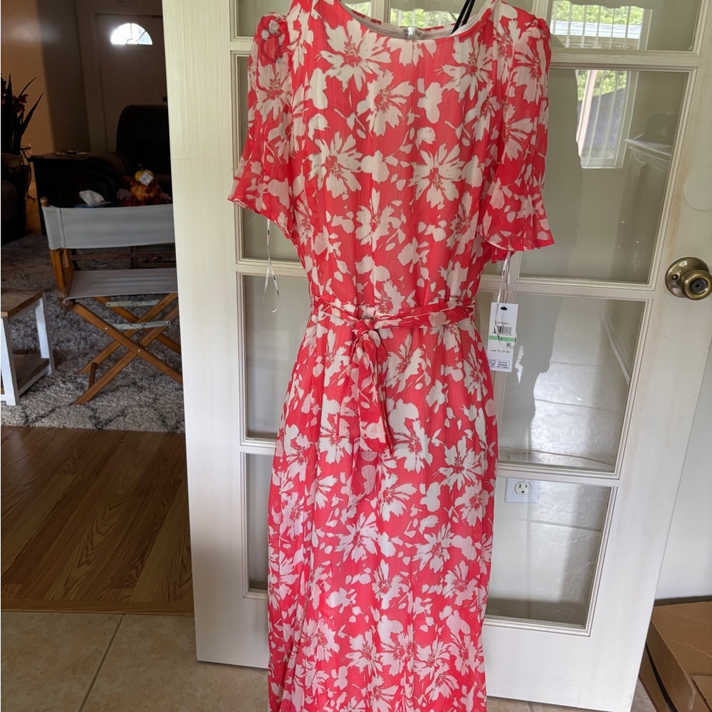 DKNY Floral Red and Cream Midi Dress - Picture 3 of 7